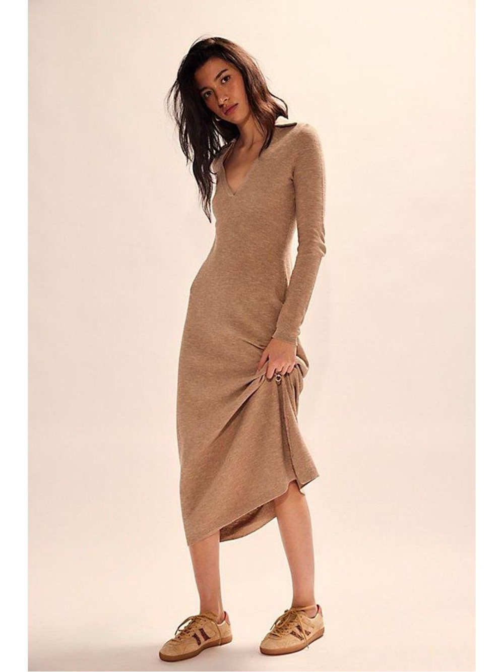 NWT Free People Free-est Audrina Knit Cotton-Linen Dress Natural Taupe collared